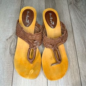 On your Feet Daralyn Brown Woven Leather Upper Natural Wood Platform Sandals